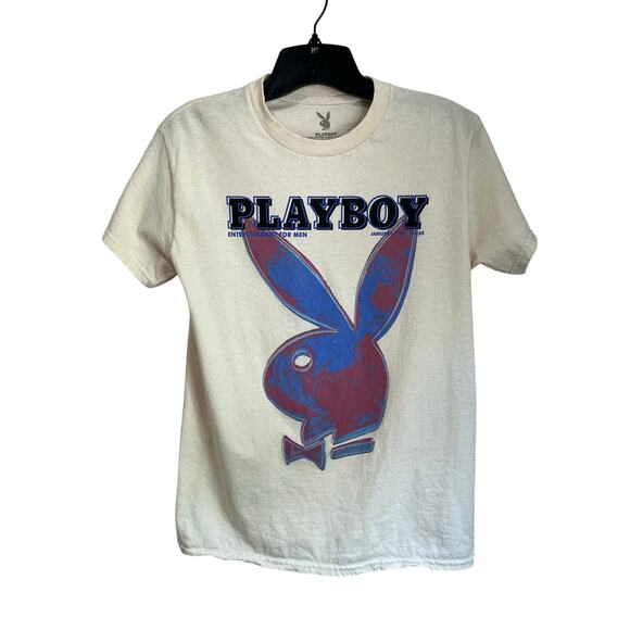 Playboy X Andy Warhol Logo Beige January 1986 T Shirt Size Small - Picture 1 of 6